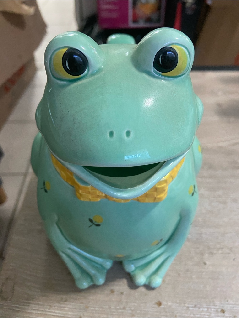 Vintage Otagiri Mint Green Ceramic Frog with Yellow Bow Water Pitcher Japan
